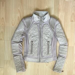 Blank Noir Beige Fitted Moto Jacket Quilted Mesh High Neck Collar Zip Up Women S